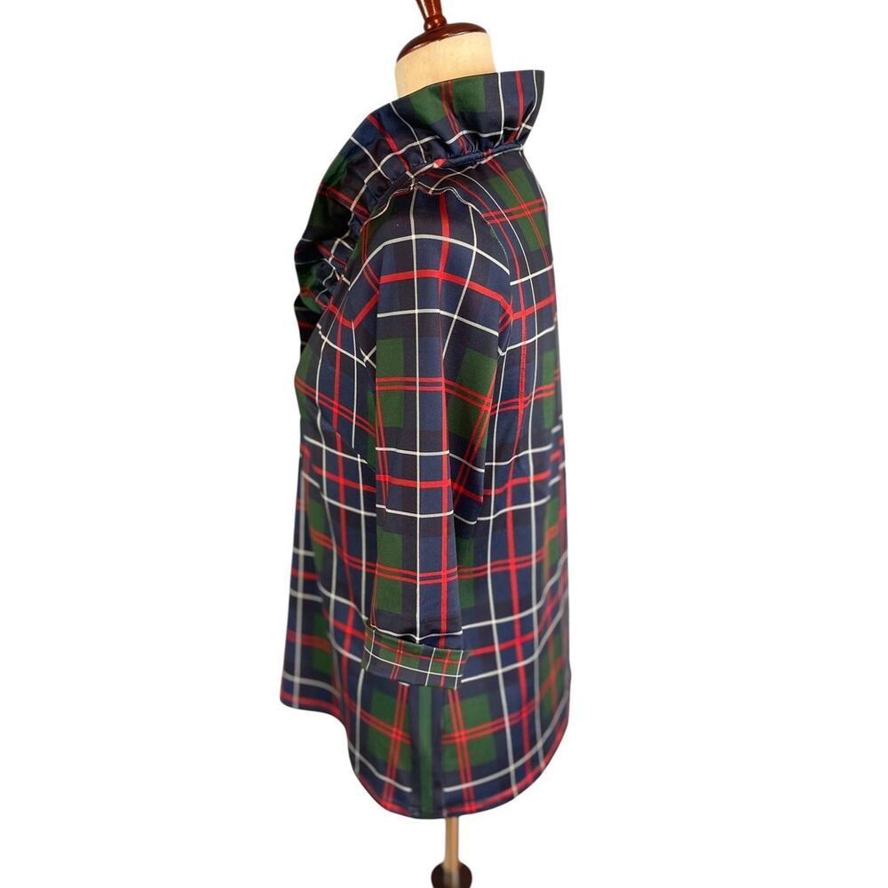 Gretchen Scott Ruffle Neck 3/4 Sleeves Top Balmoral Plaid Multi Small - Picture 5 of 8